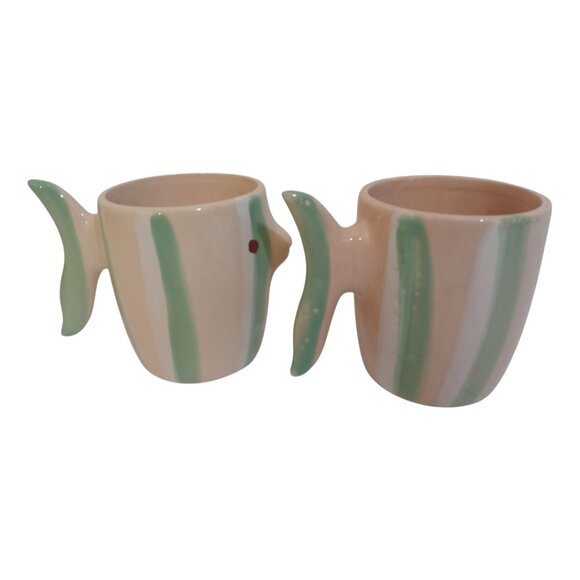 Fish Coffee Tea Mugs Peach Green Tail Handles Ceramic - Picture 4 of 7